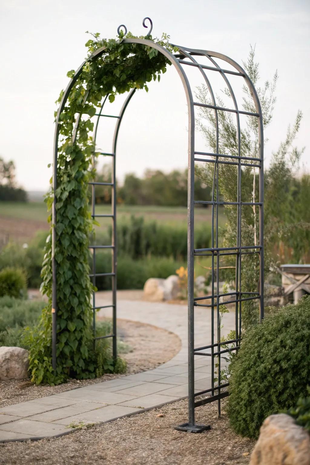 Elevate your garden with a touch of modern elegance: a metal panel archway that's both sturdy and stylish.