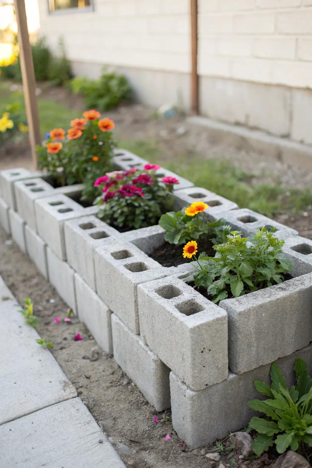 Transform simple cinder blocks into a stunning garden centerpiece with vibrant blooms and minimalist charm.