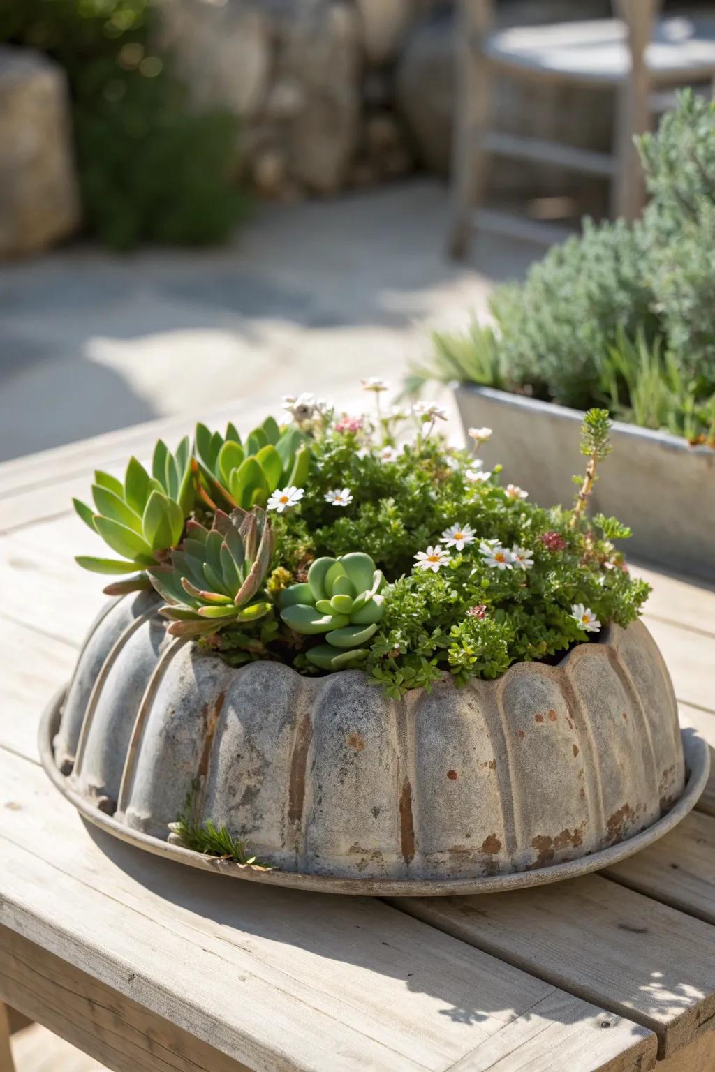 Transform thrift store finds into charming garden decor with this creative bundt pan planter!