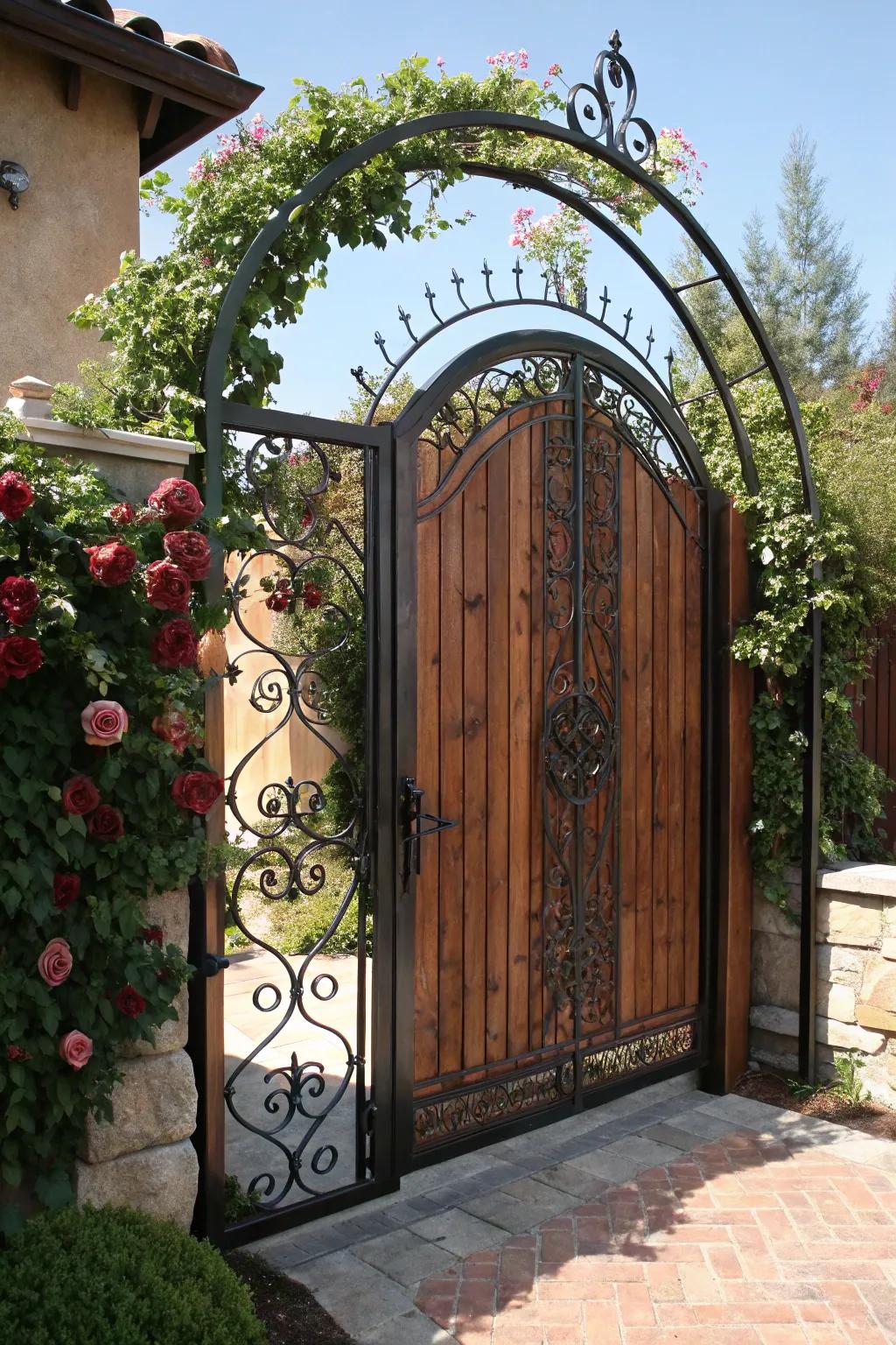 Elegance meets craftsmanship: a stunning metal and wood arched gate for your garden sanctuary.