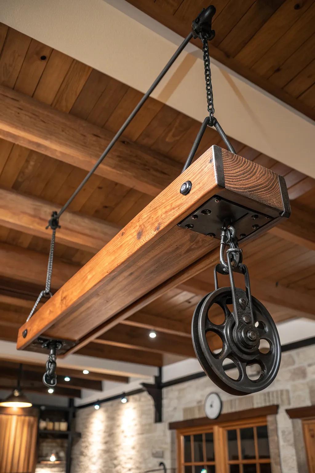 Elevate your space with a ceiling-mounted lumber rack – where craftsmanship meets innovation.