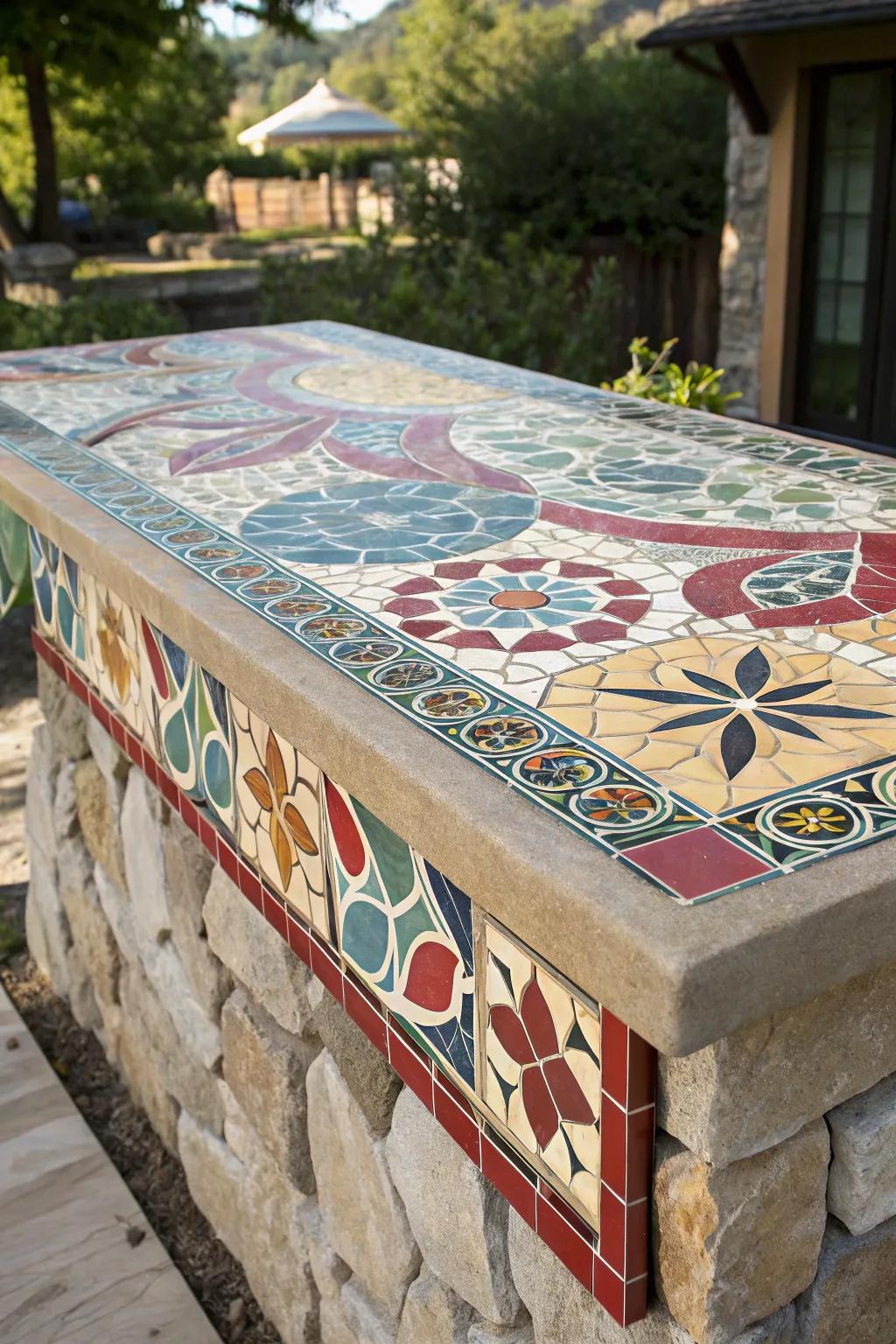 Transform your patio with a captivating tile mosaic countertop, a masterpiece of craftsmanship and color.