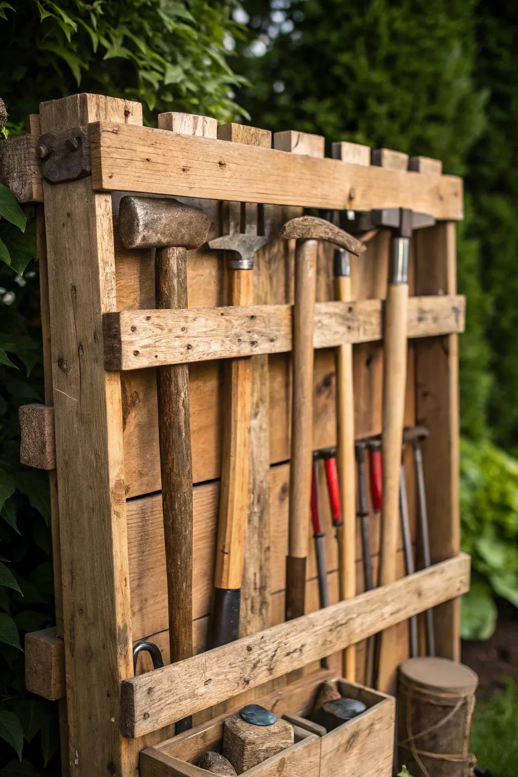 Transform your yard with this DIY Pallet Tool Organizer—where rustic charm meets practical craftsmanship.