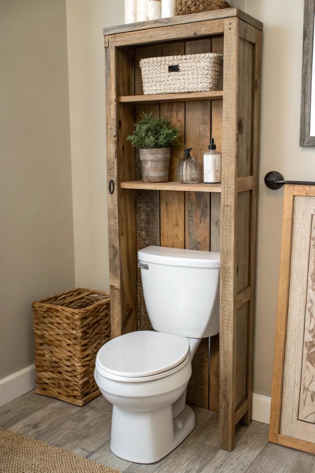 Elevate your bathroom with eco-friendly elegance: A reclaimed wood storage unit that blends rustic charm with modern simplicity.