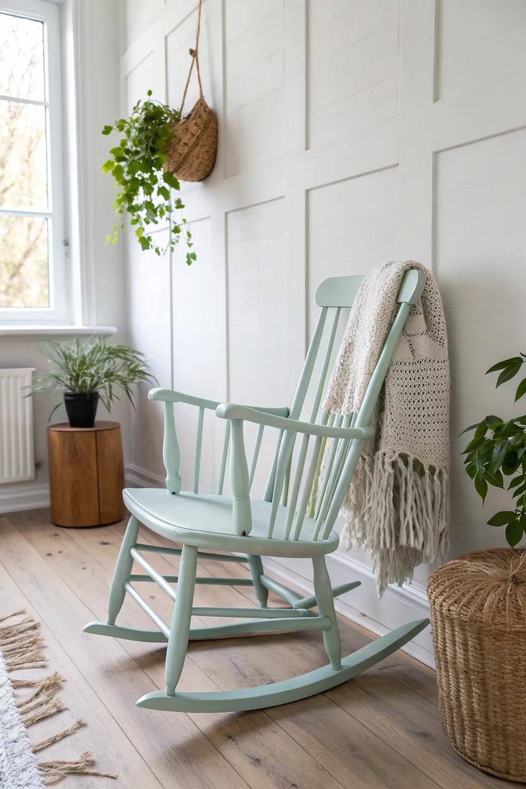 Embrace the charm of simplicity with a chalk-painted rocking chair—where vintage vibes meet modern minimalism.
