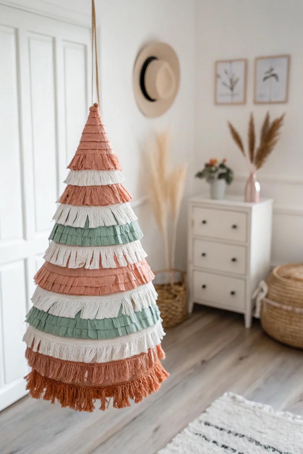 Celebrate with style: A traditional cone piñata, beautifully crafted for your minimalist boho decor.