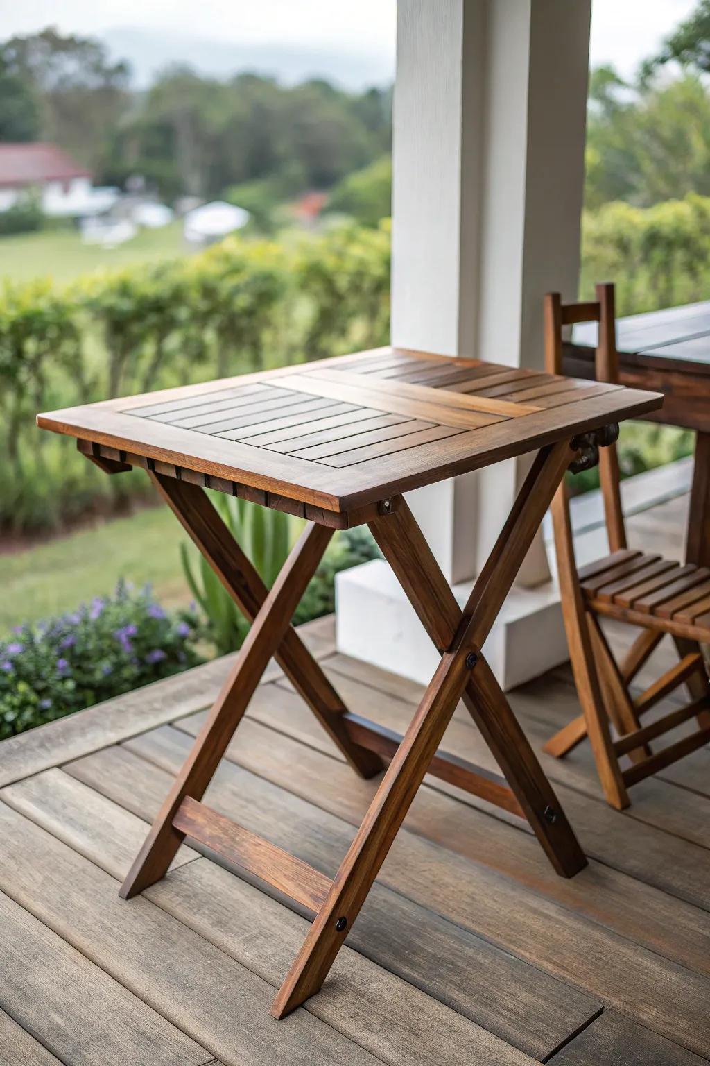 Elevate your porch with a space-savvy folding table, the perfect blend of function and craftsmanship.