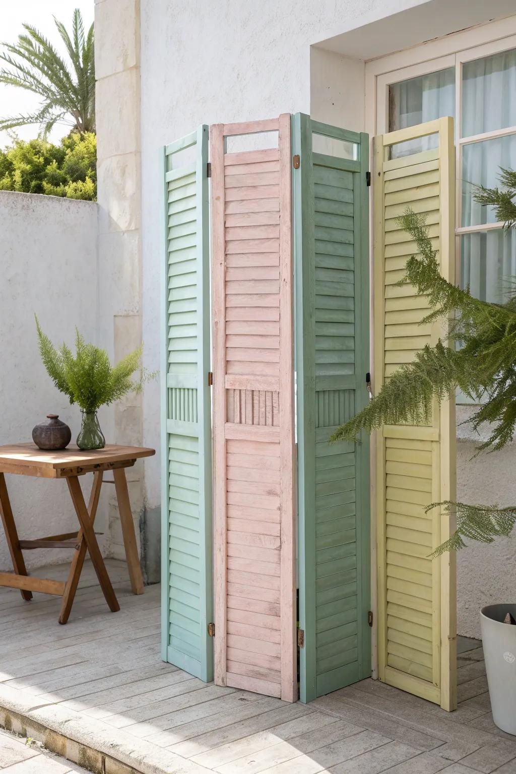 Transform vintage shutters into a charming privacy screen for a touch of eclectic elegance in your outdoor space.