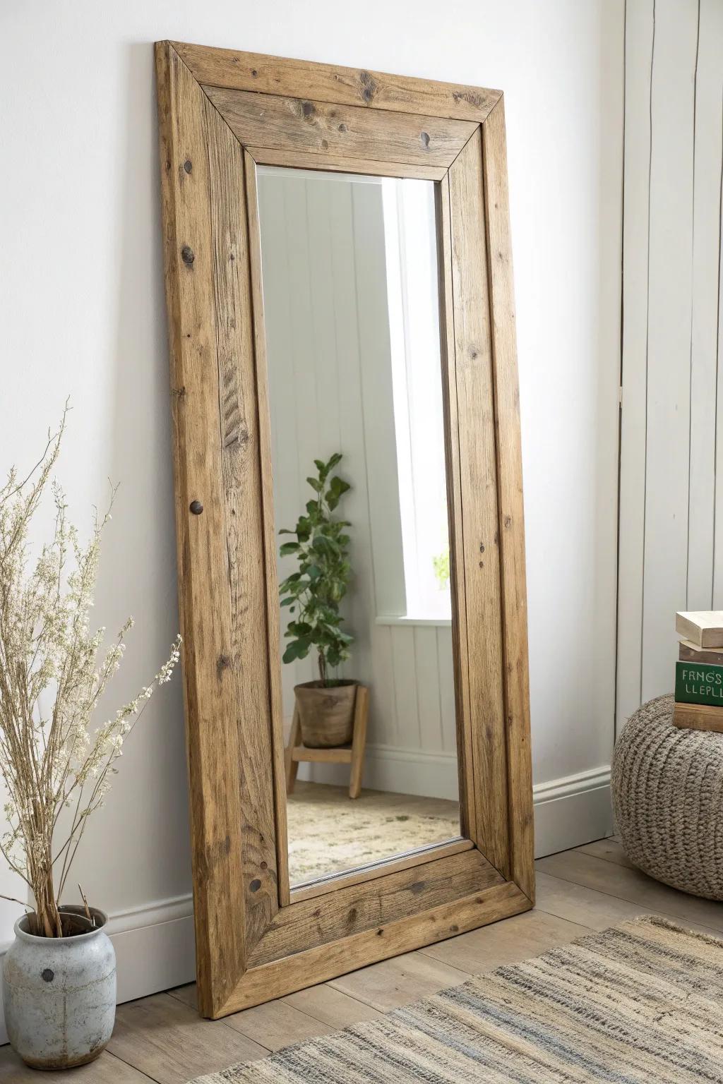 Transform your space with the timeless charm of a reclaimed wood mirror frame, where history meets minimalist elegance.