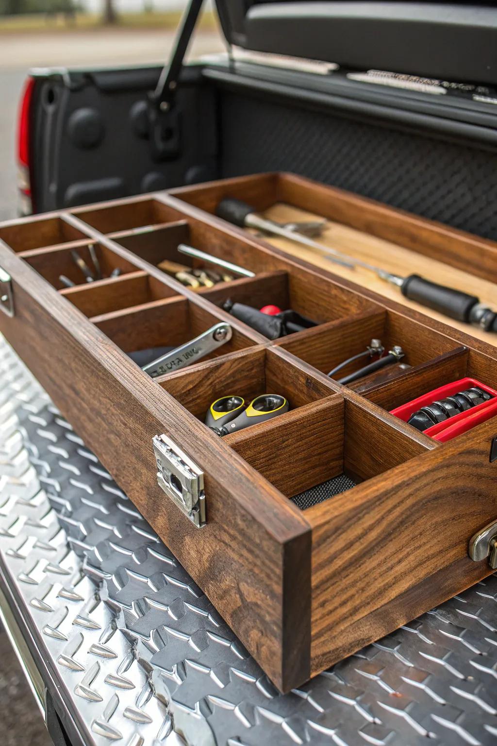 Master your workspace with handcrafted plywood dividers: the ultimate tool organization solution for your truck.