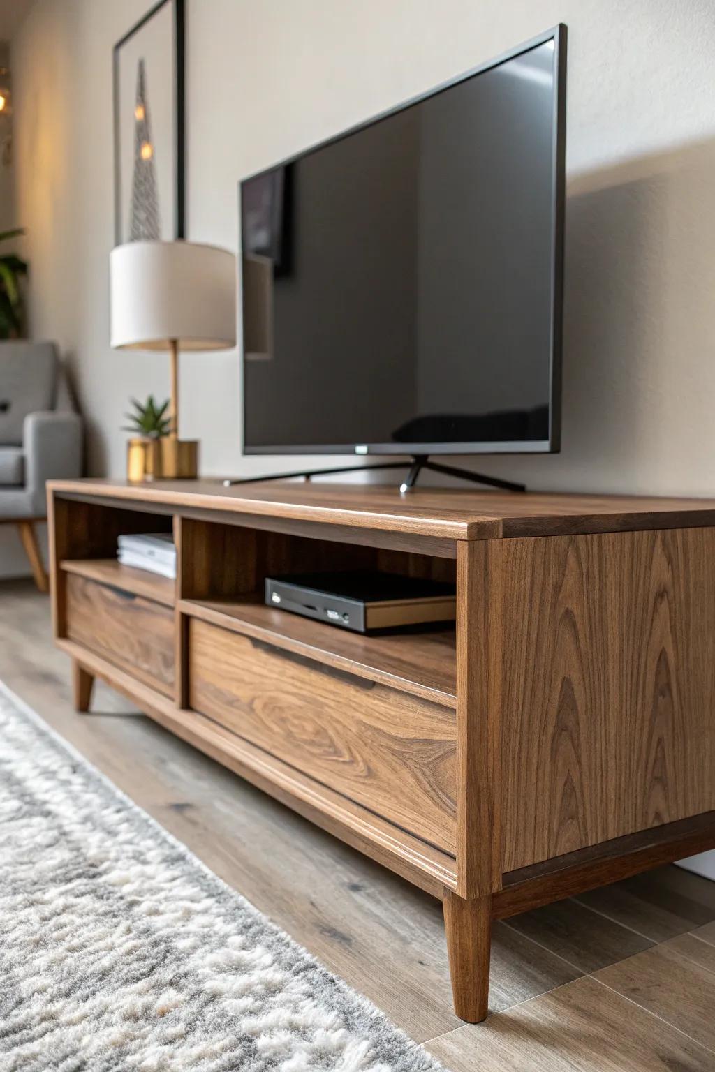 Elevate your living space with this sleek, handcrafted walnut TV stand—where minimalist design meets superior craftsmanship.