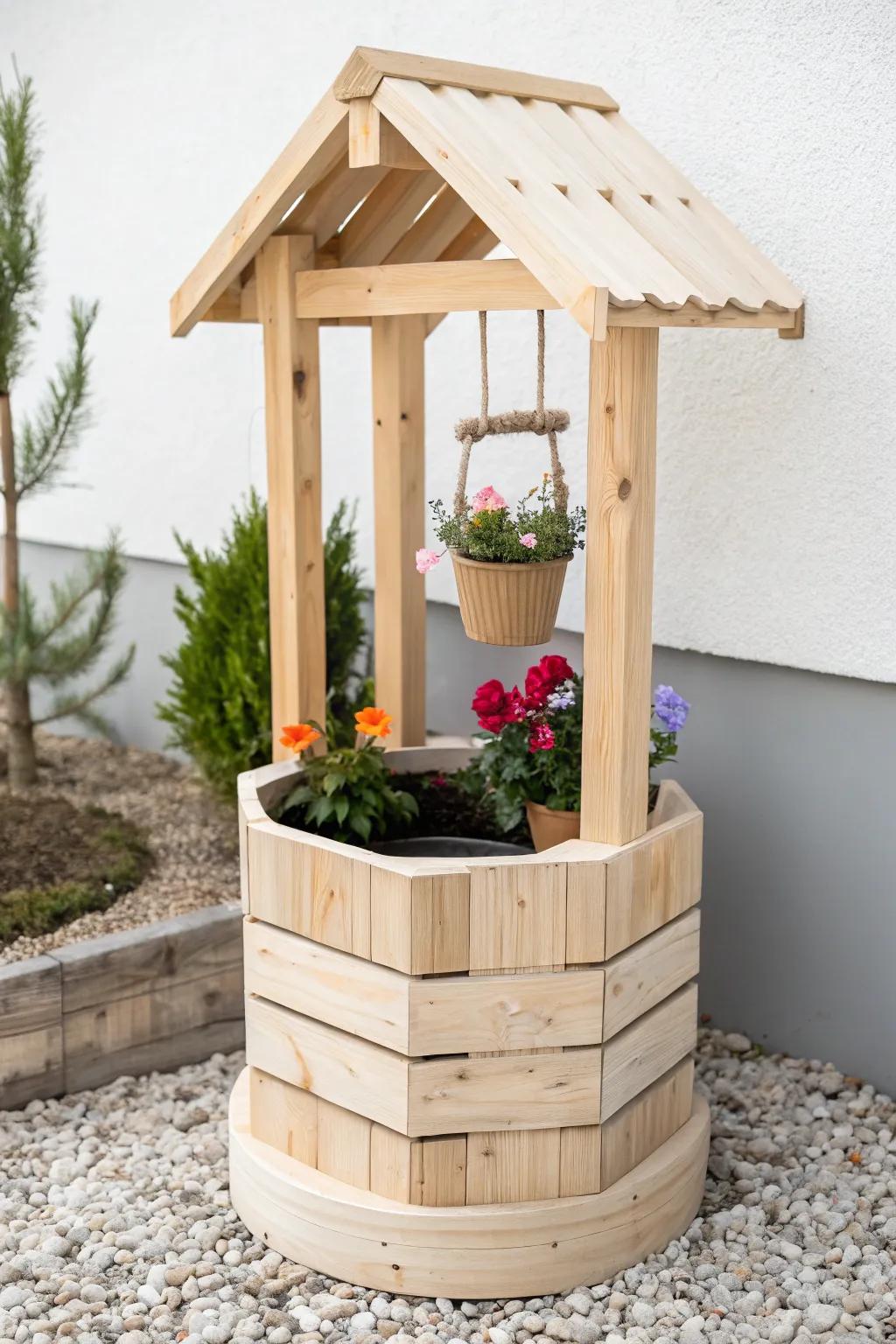 Elevate your space with a charming wishing well planter, where simplicity meets natural beauty.