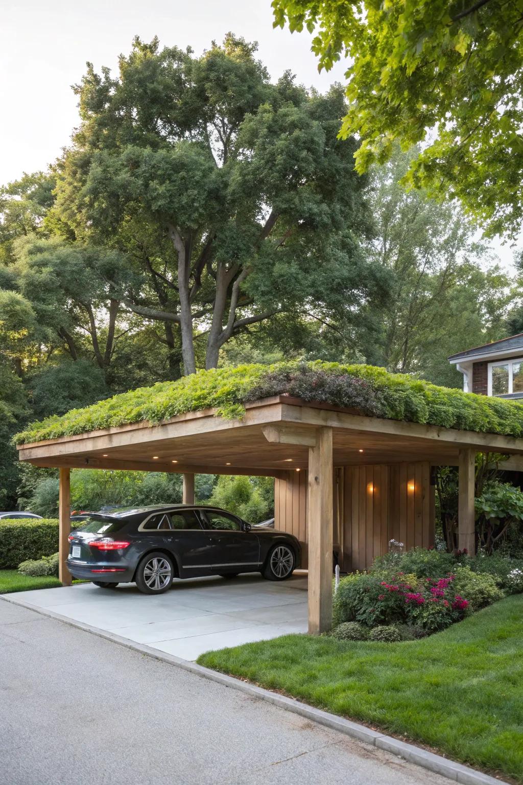 A carport that harmonizes with its natural surroundings through a living roof.