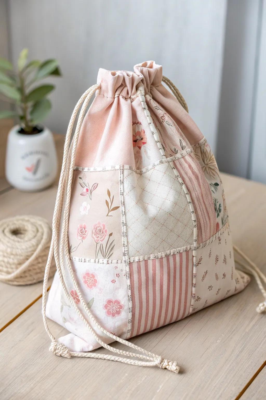 Embrace the charm of patchwork magic with this stunning drawstring bag, a blend of simplicity and natural beauty.