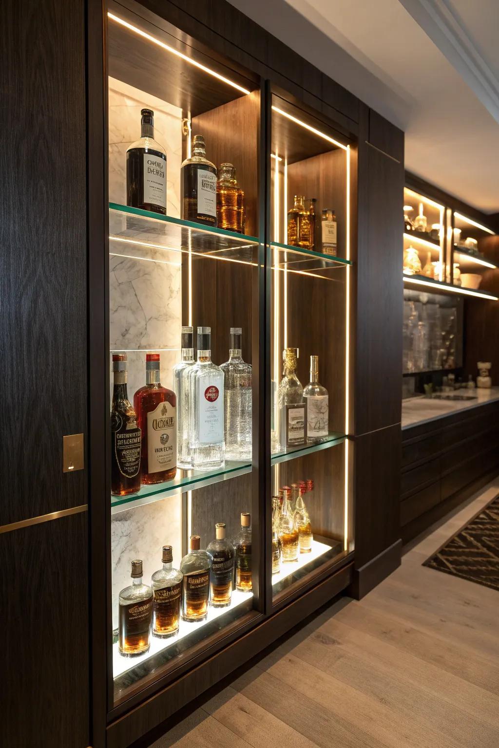 Elevate your home bar with stunning LED-backlit shelves, where craftsmanship meets modern elegance.