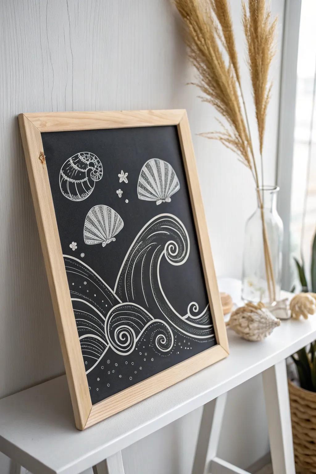 Bring beachy vibes home with simple elegance: Waves and seashells in chalk art.