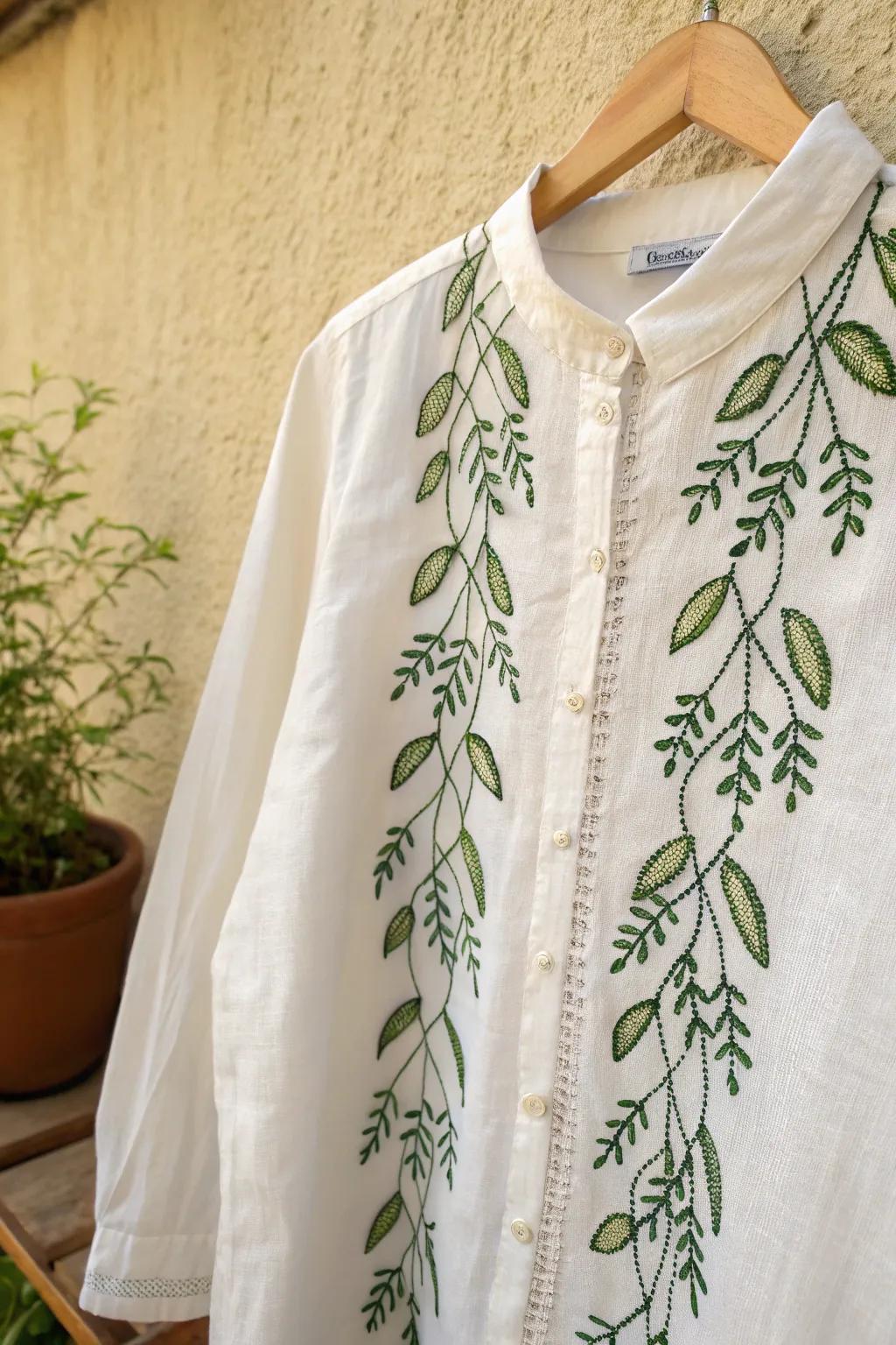 Embrace nature with every stitch: elevate your style with these delicate leaf motifs.
