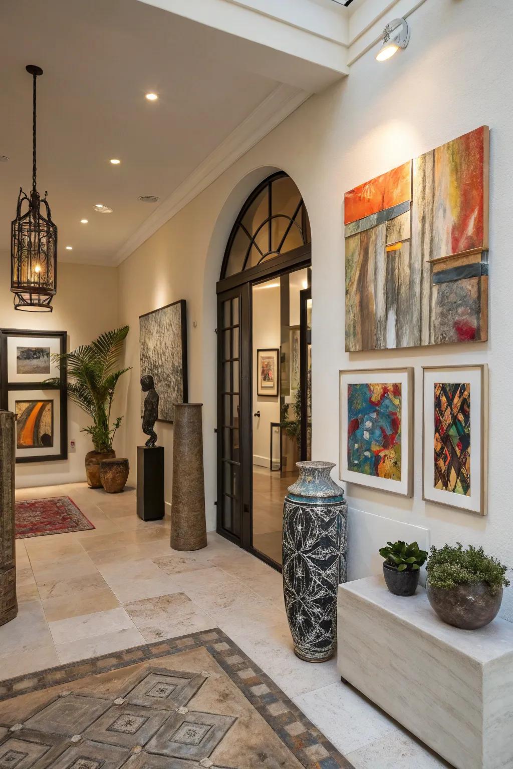 Modern mixed media art adds dynamic interest to the entryway.
