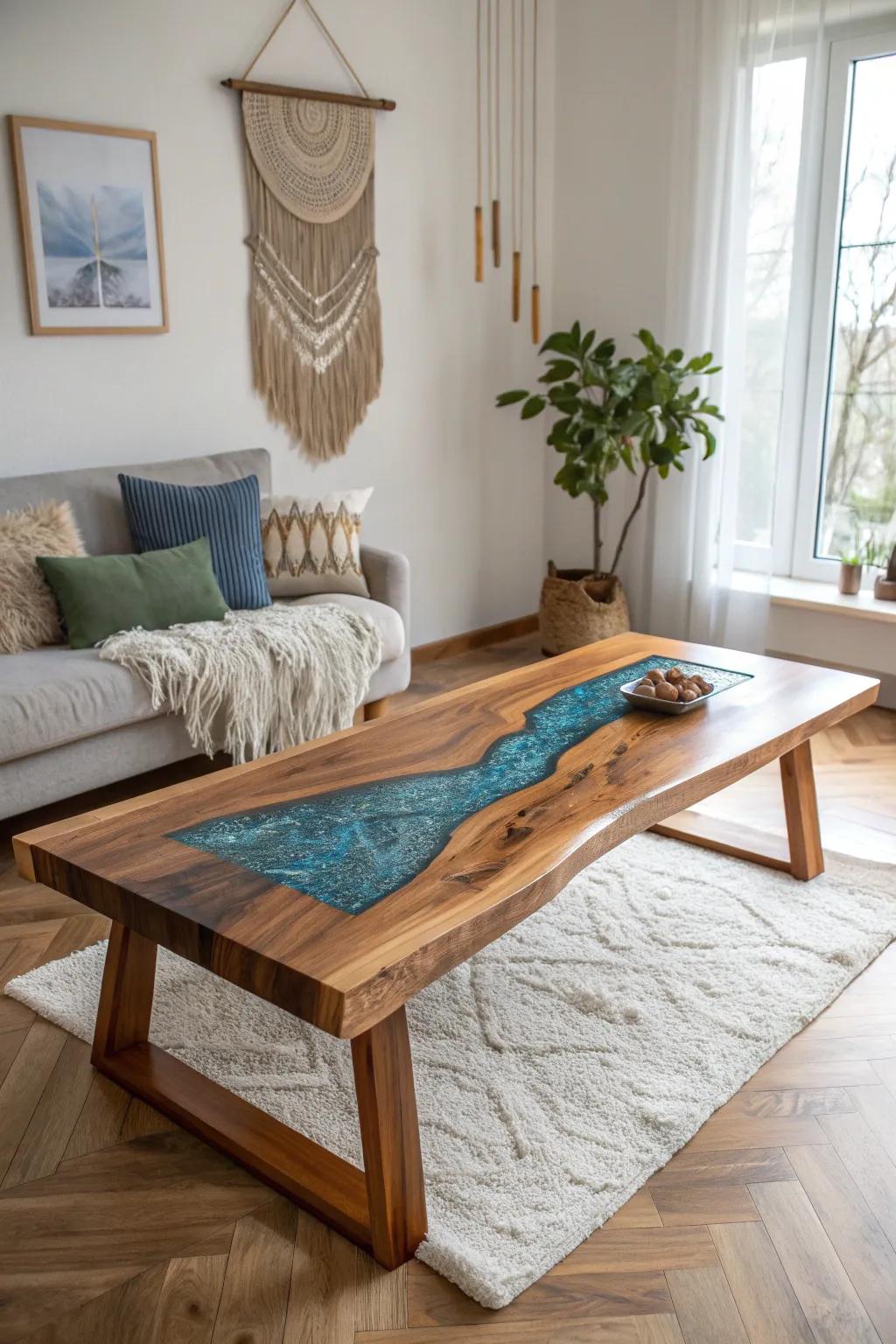 Transform your space with the mesmerizing beauty of an epoxy river table – where nature meets artistry in perfect harmony.