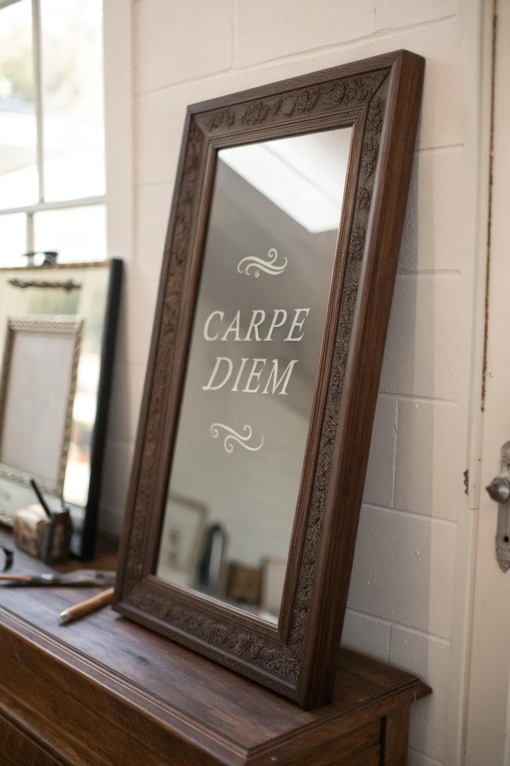 Start your day with inspiration—'Carpe Diem' etched on your mirror.