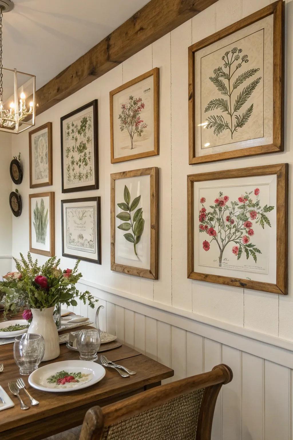 Framed botanical prints add a natural element to this farmhouse dining room.