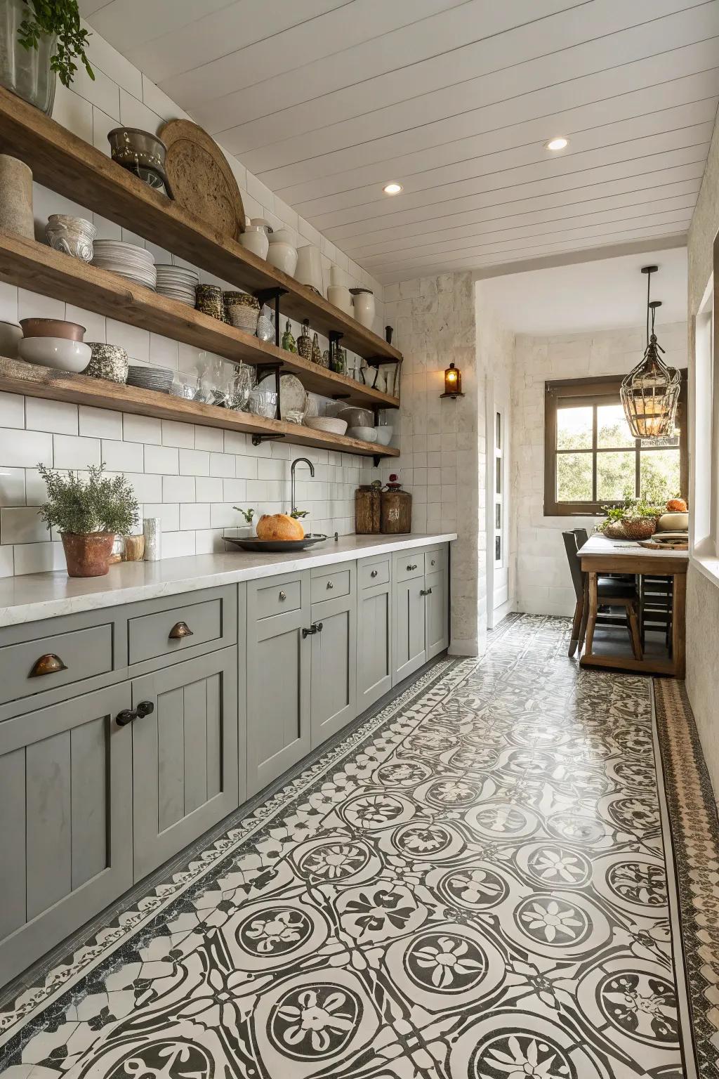 Monochrome geometric tiles bring modern flair to this farmhouse kitchen.