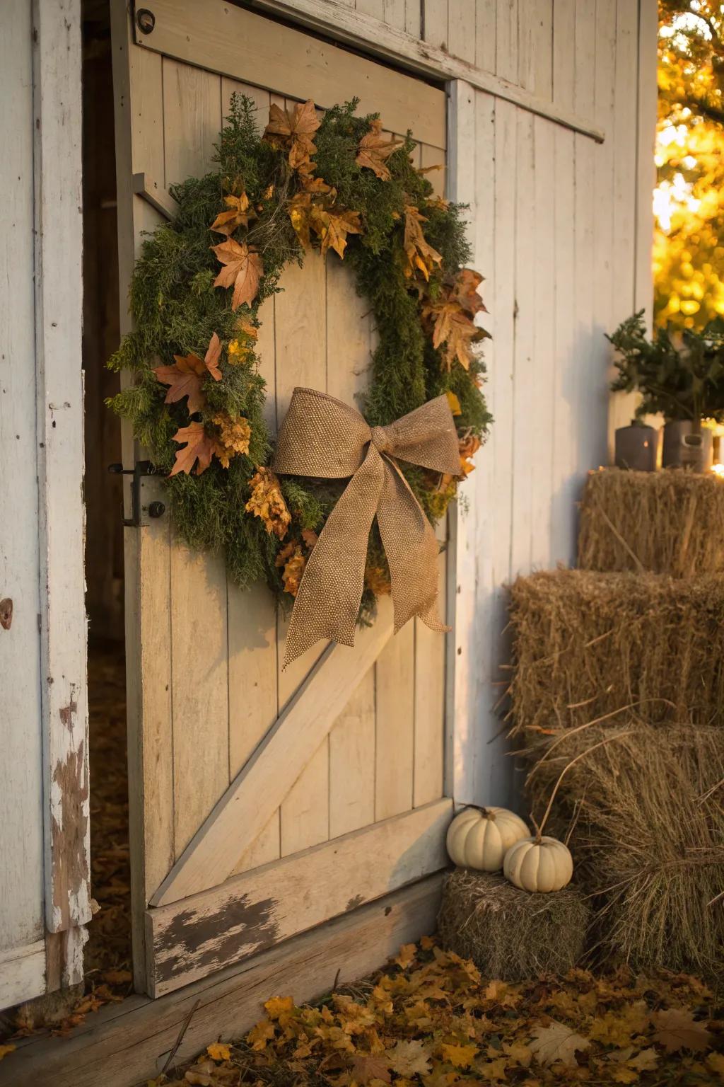 A burlap bow brings cozy warmth to a farmhouse wreath.