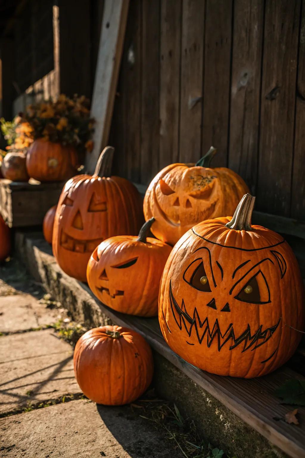 A lively gathering of expressive pumpkins, showcasing the art of flat carving with masterful craftsmanship.