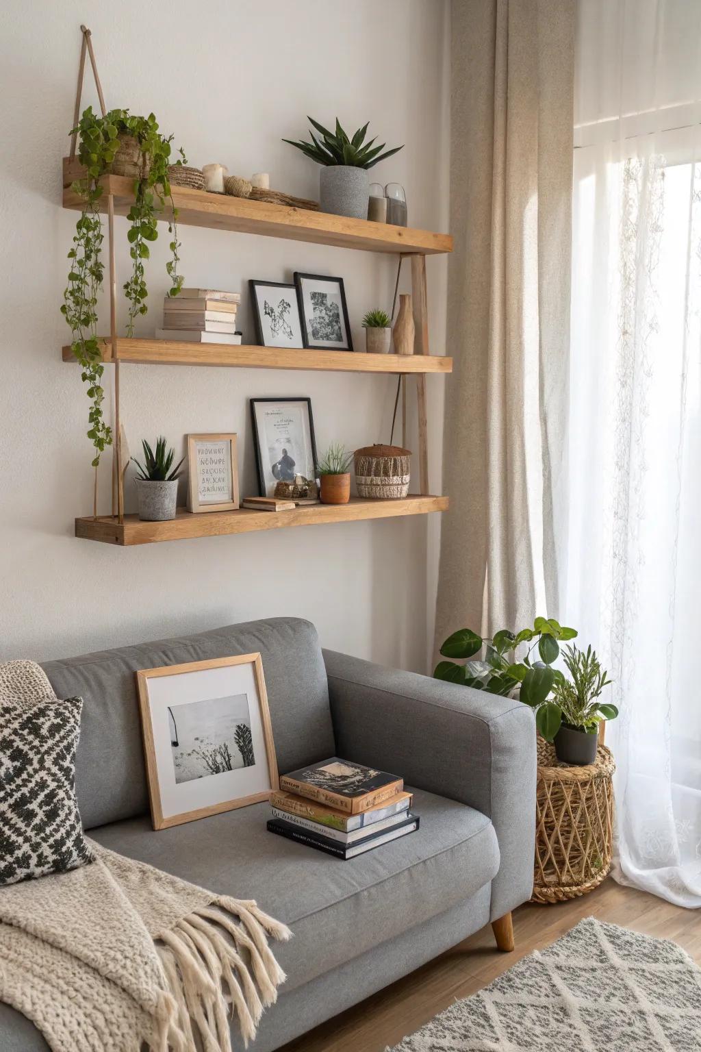Elevate your living room with the elegance of floating shelves for a perfectly balanced, cozy vibe.