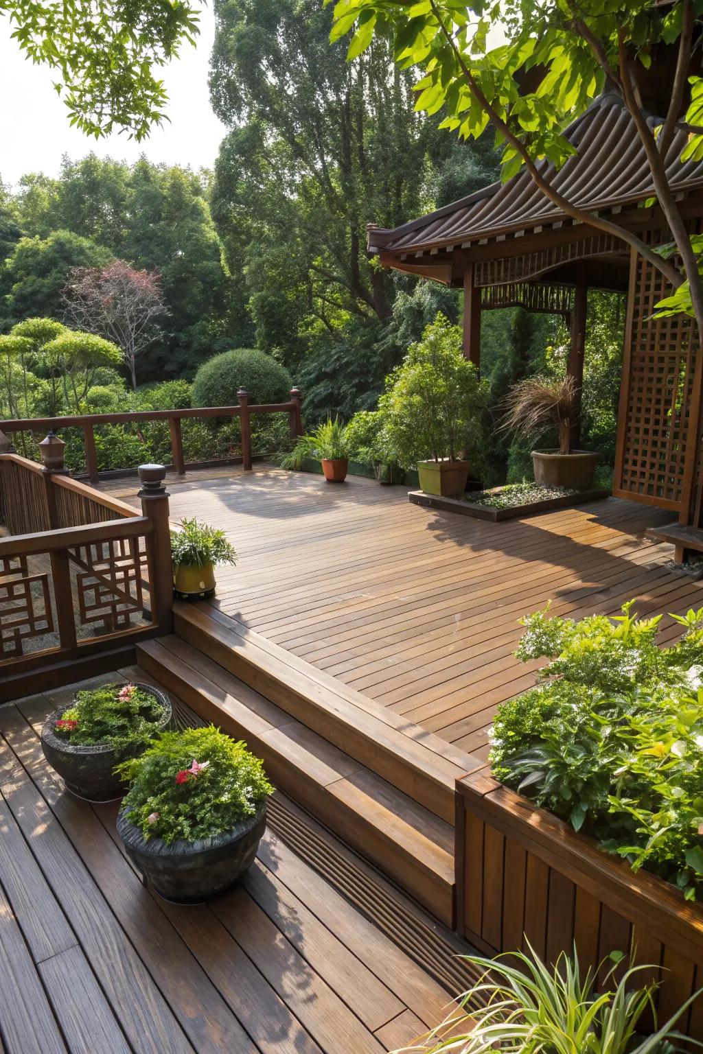Experience tranquility with a floating deck that seamlessly blends craftsmanship and nature.