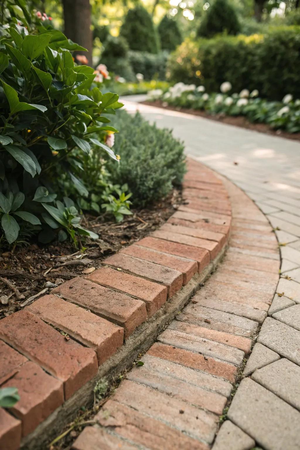 Elevate your garden's charm with a touch of classic elegance: diagonal brick edging for a refined finish.