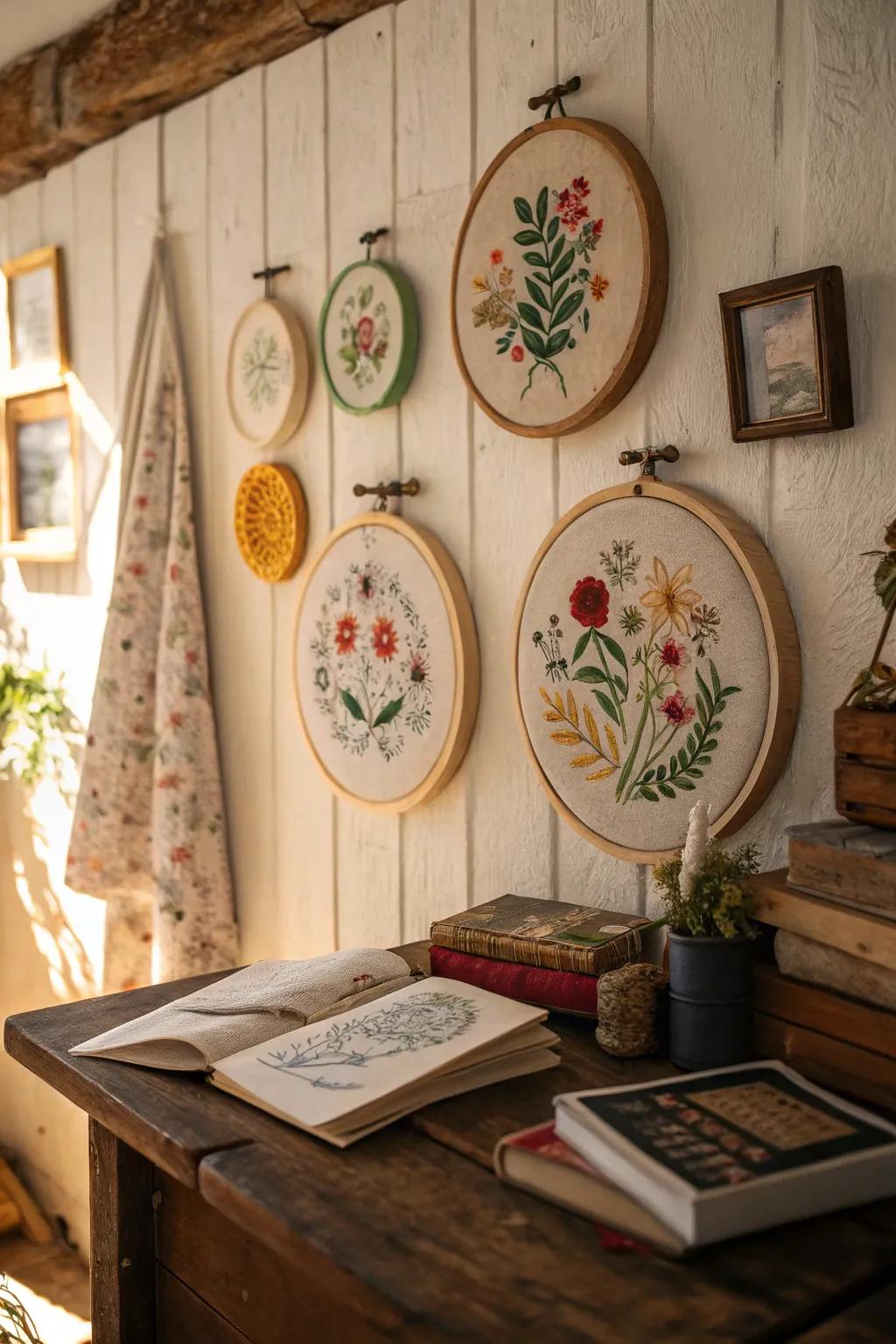 Embrace rustic charm with wooden hoop frames.