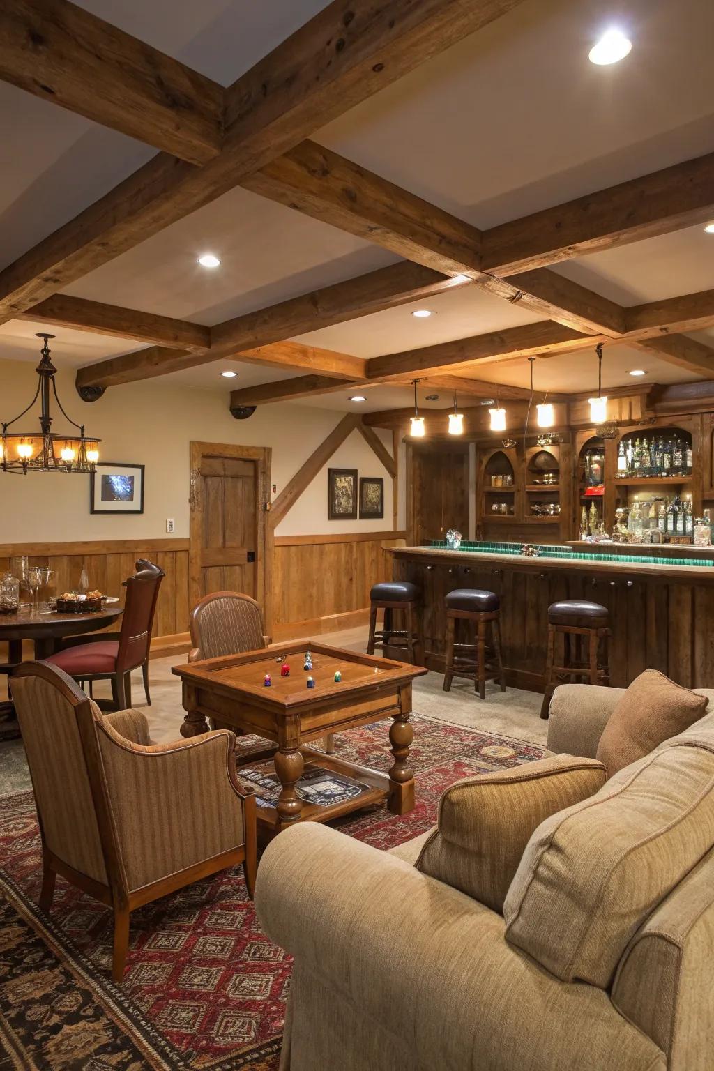 A rustic wooden bar exudes warmth and charm in any game room.