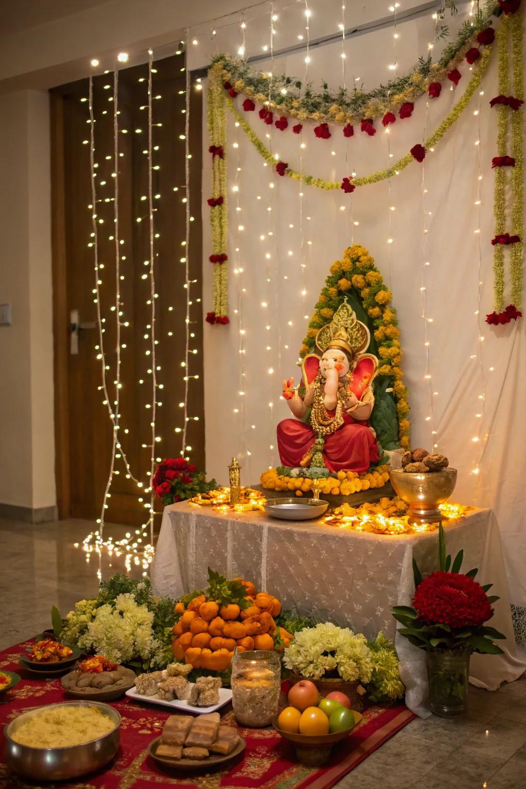 Fairy lights add a magical glow to the Puja setup.