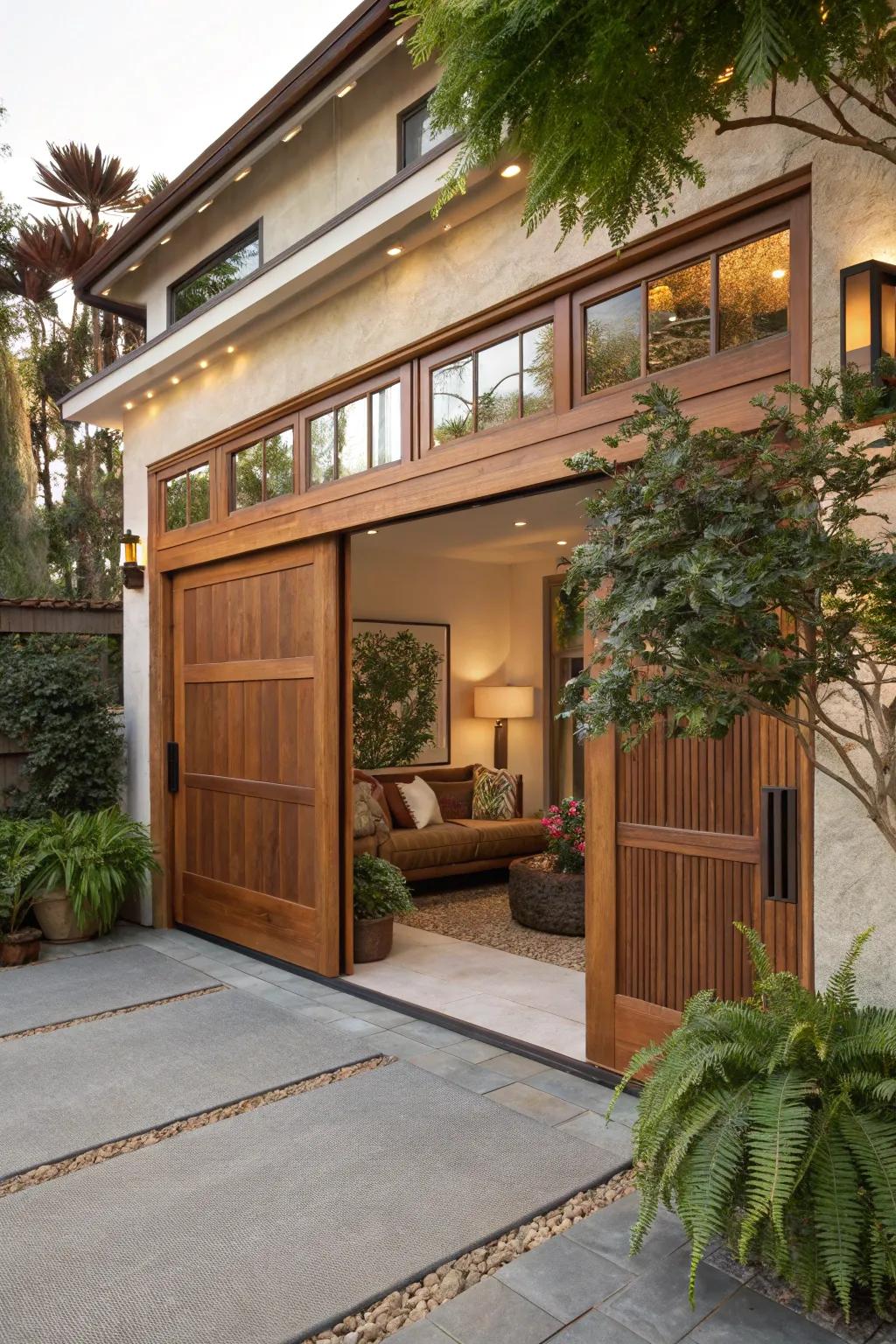 Transform your garage into a serene indoor-outdoor retreat with craftsmanship and nature.