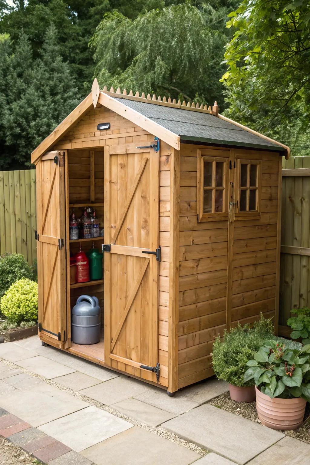 Elevate your storage game with a handcrafted wooden shed, perfect for safeguarding your essentials in style.