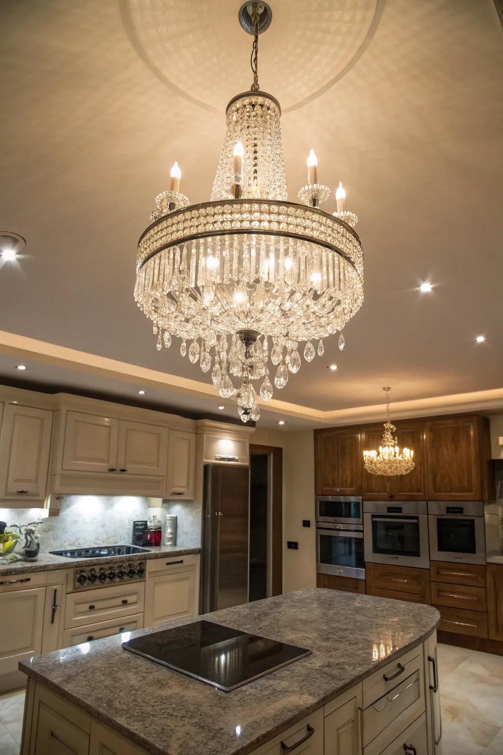 A crystal chandelier adding elegance to the kitchen.