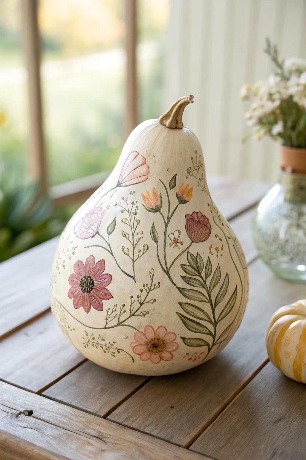 Bring the garden indoors with this stunning floral-painted gourd, where minimalist design meets natural beauty.