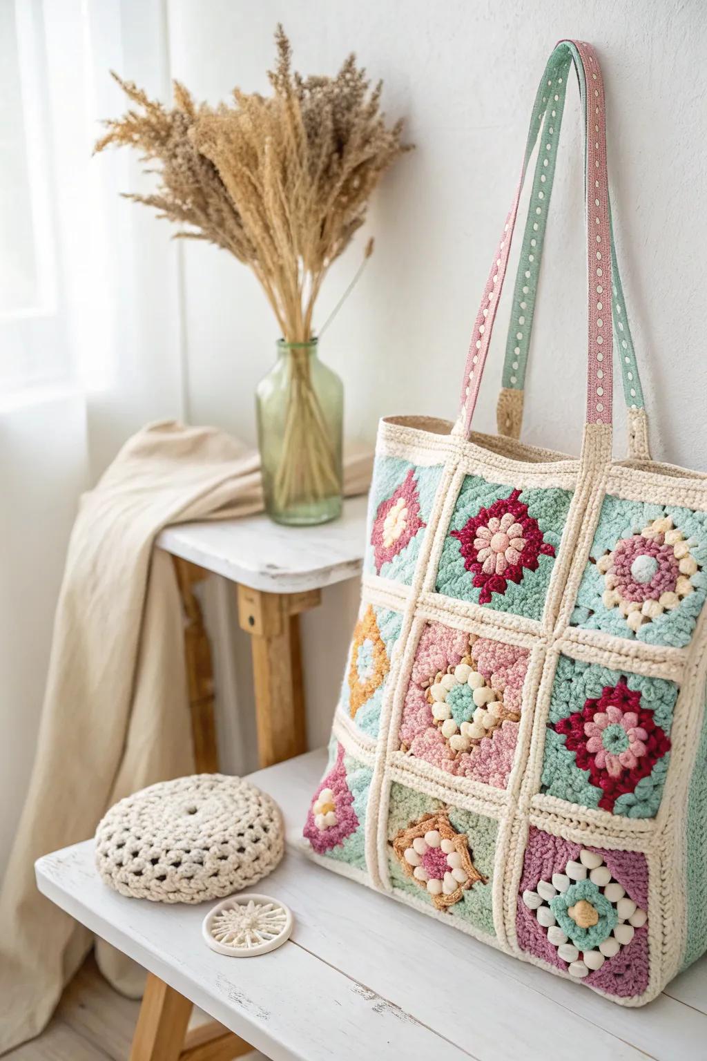 Chic and colorful: This handmade granny square tote is your new go-to for effortless style and practicality.