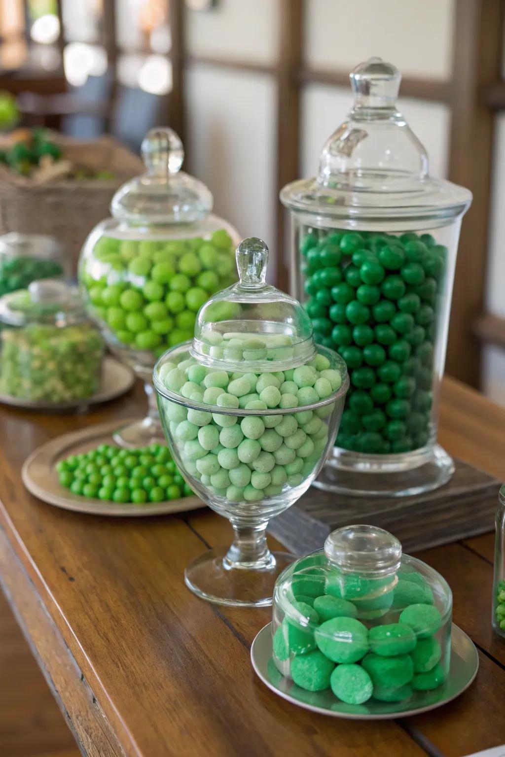 Elegant glassware enhances the presentation of green candies.