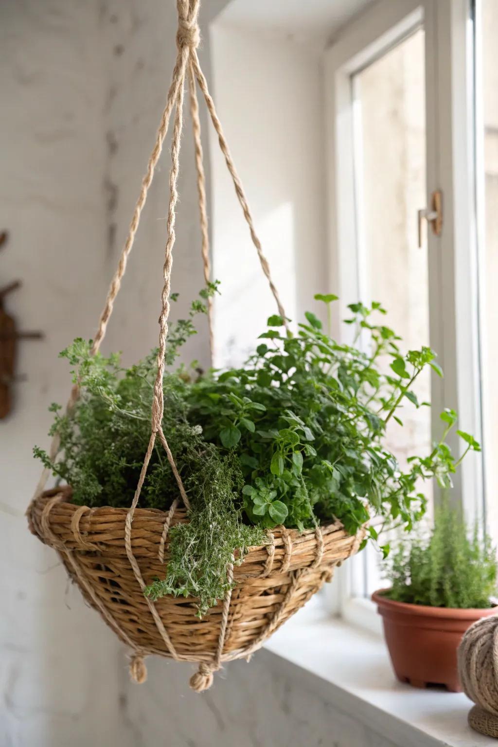 Elevate your indoor garden with whimsical hanging herb baskets that blend simplicity and natural beauty.