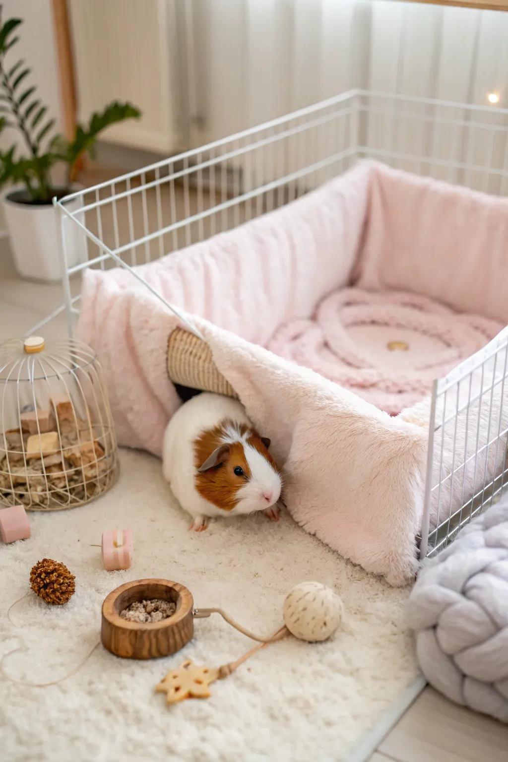 Transform your guinea pig's home into a cozy sanctuary with soft fleece bedding—where comfort meets minimalist elegance.