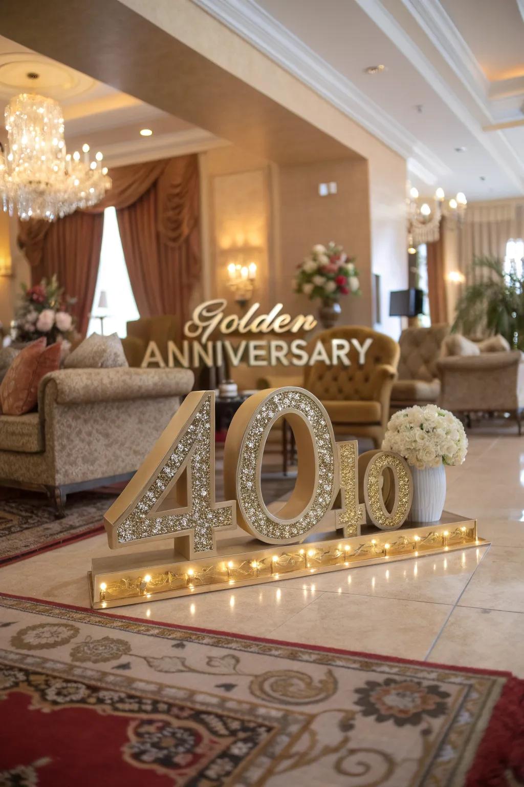 Luxurious golden anniversary sign, perfect for celebrating milestone years in style.