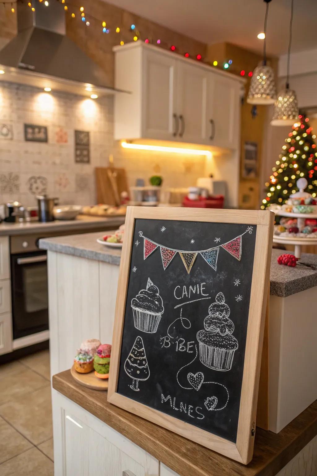 Sweet treats drawn on a birthday chalkboard sign.