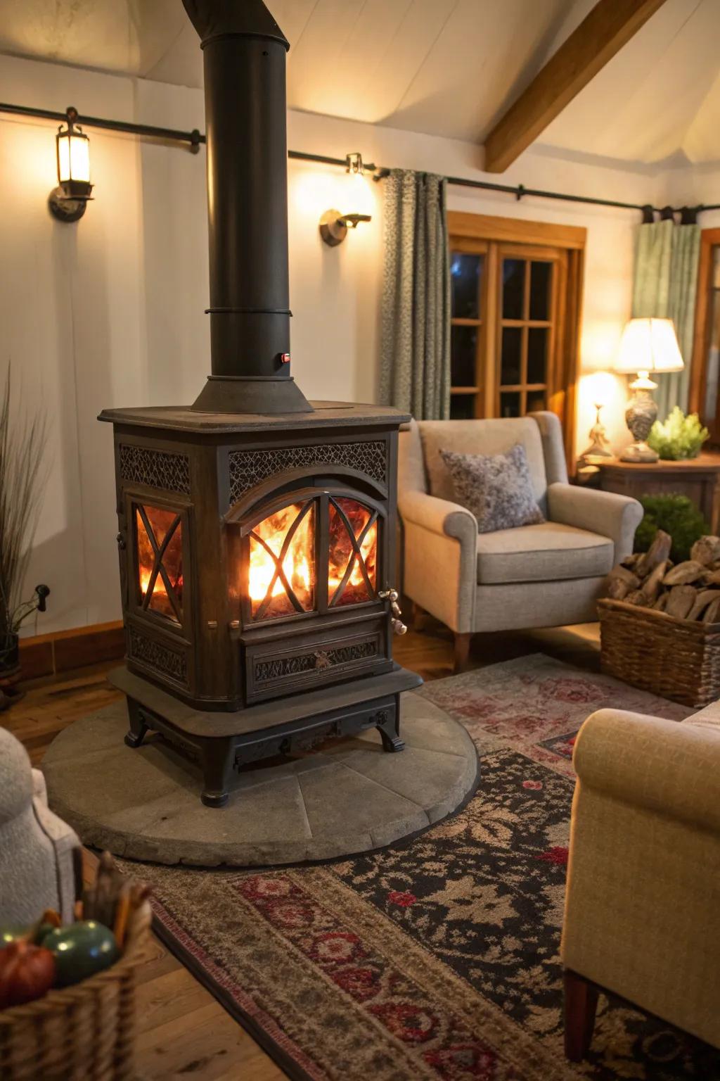 An elevated platform showcases the wood stove and enhances warmth.