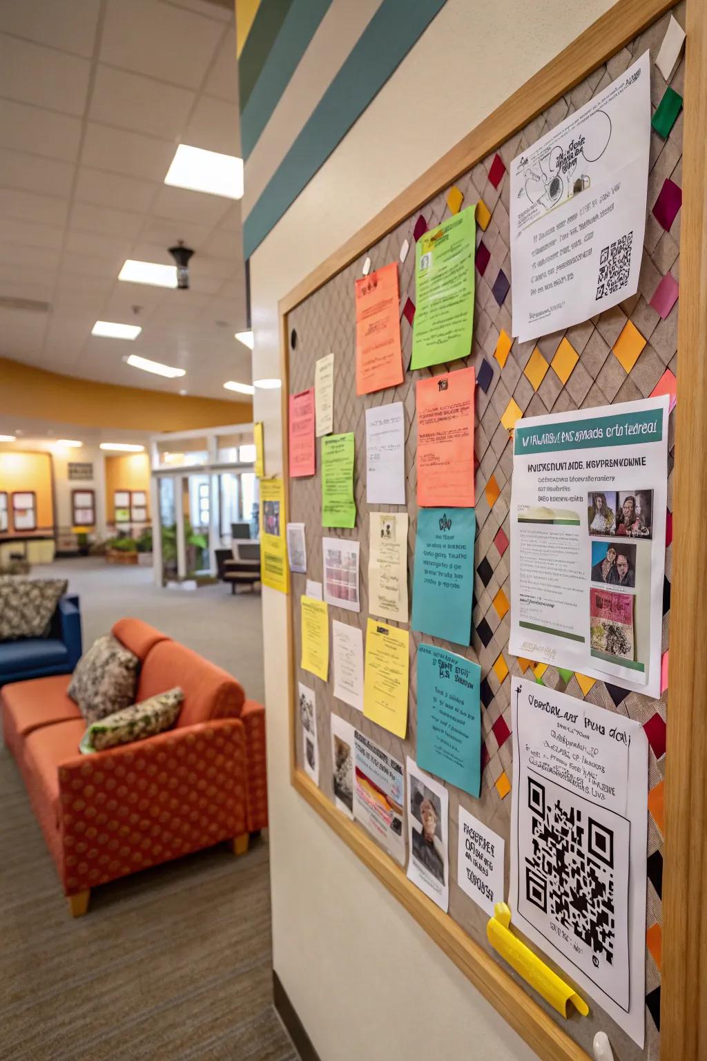 Interactive features on a bulletin board inviting community participation.