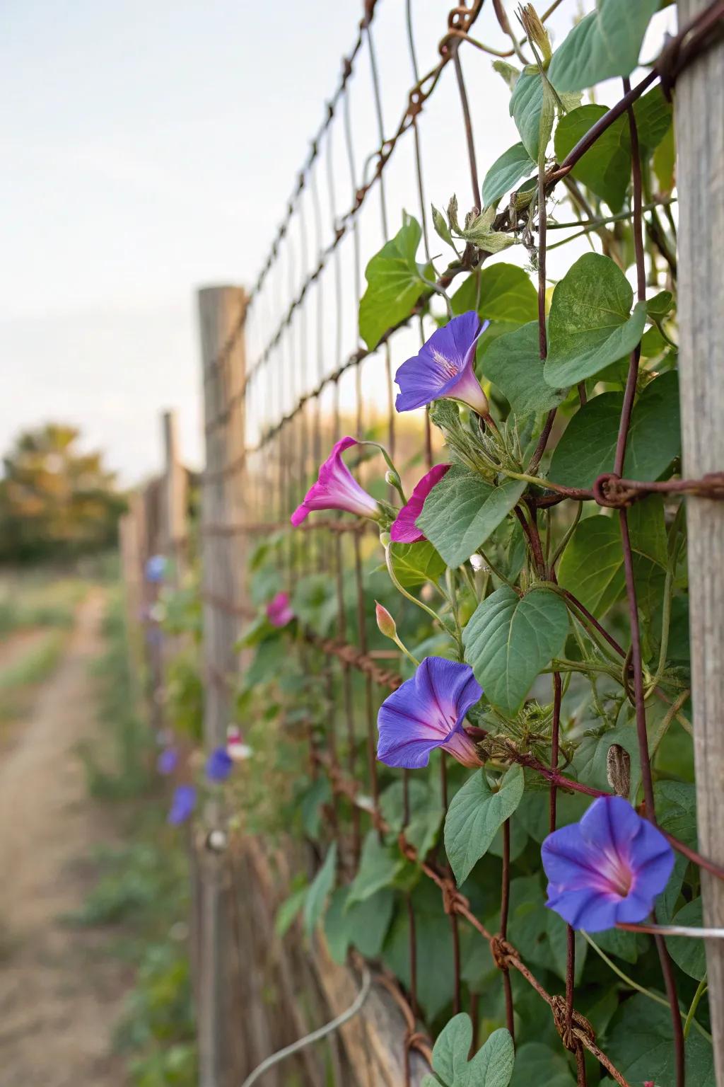 Elevate your garden with a stunning blend of craftsmanship and nature: morning glories dancing through a hog wire trellis.