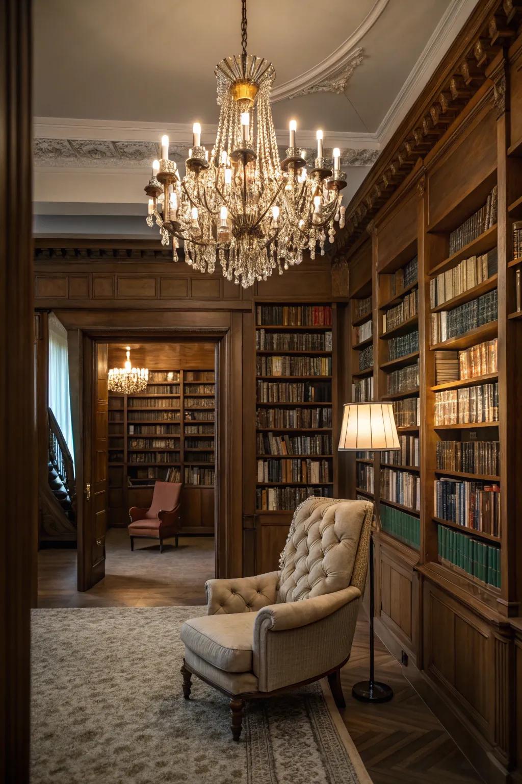 Elevate your library's elegance with a stunning chandelier.