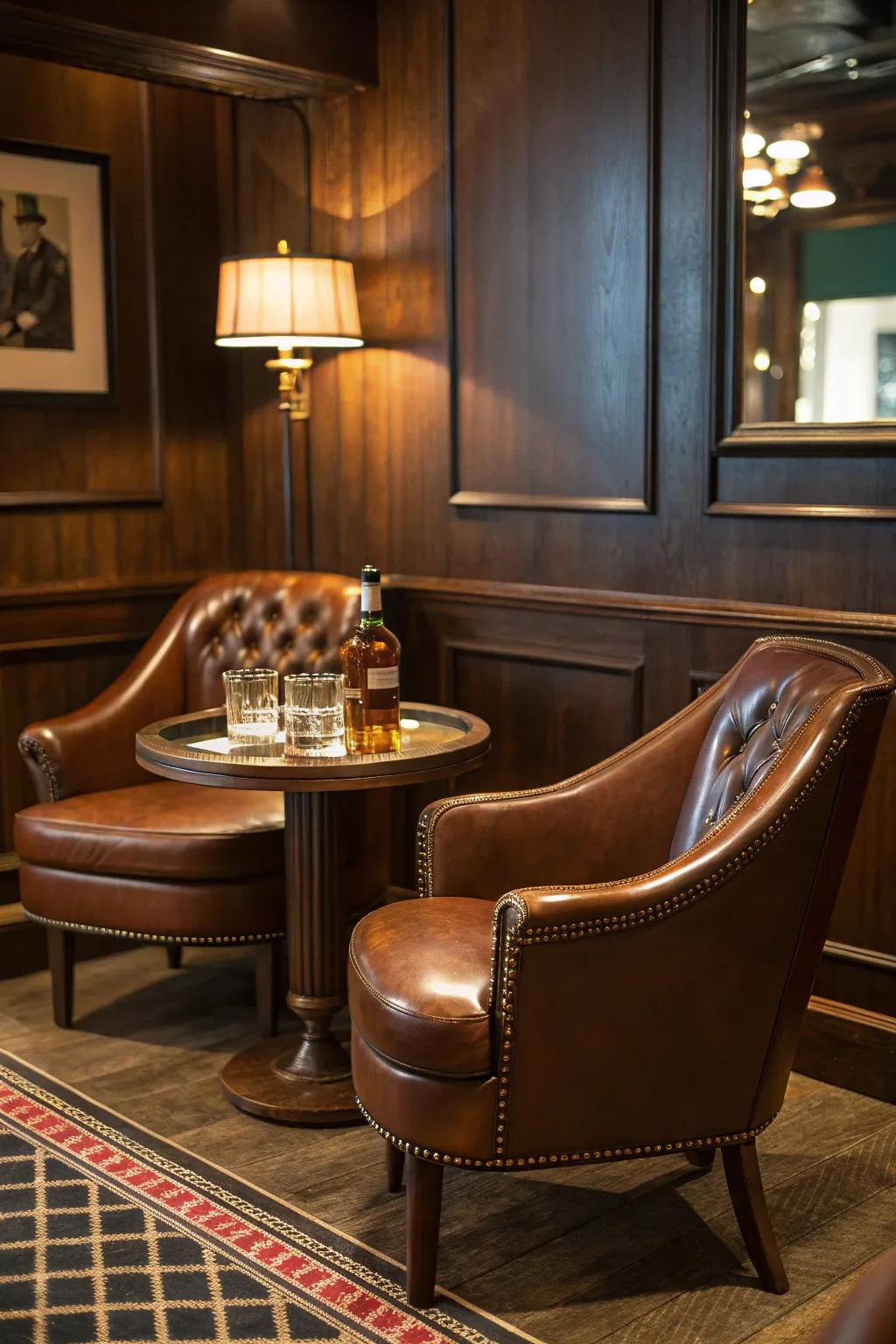 Leather seating adds comfort and luxury to your whiskey bar.