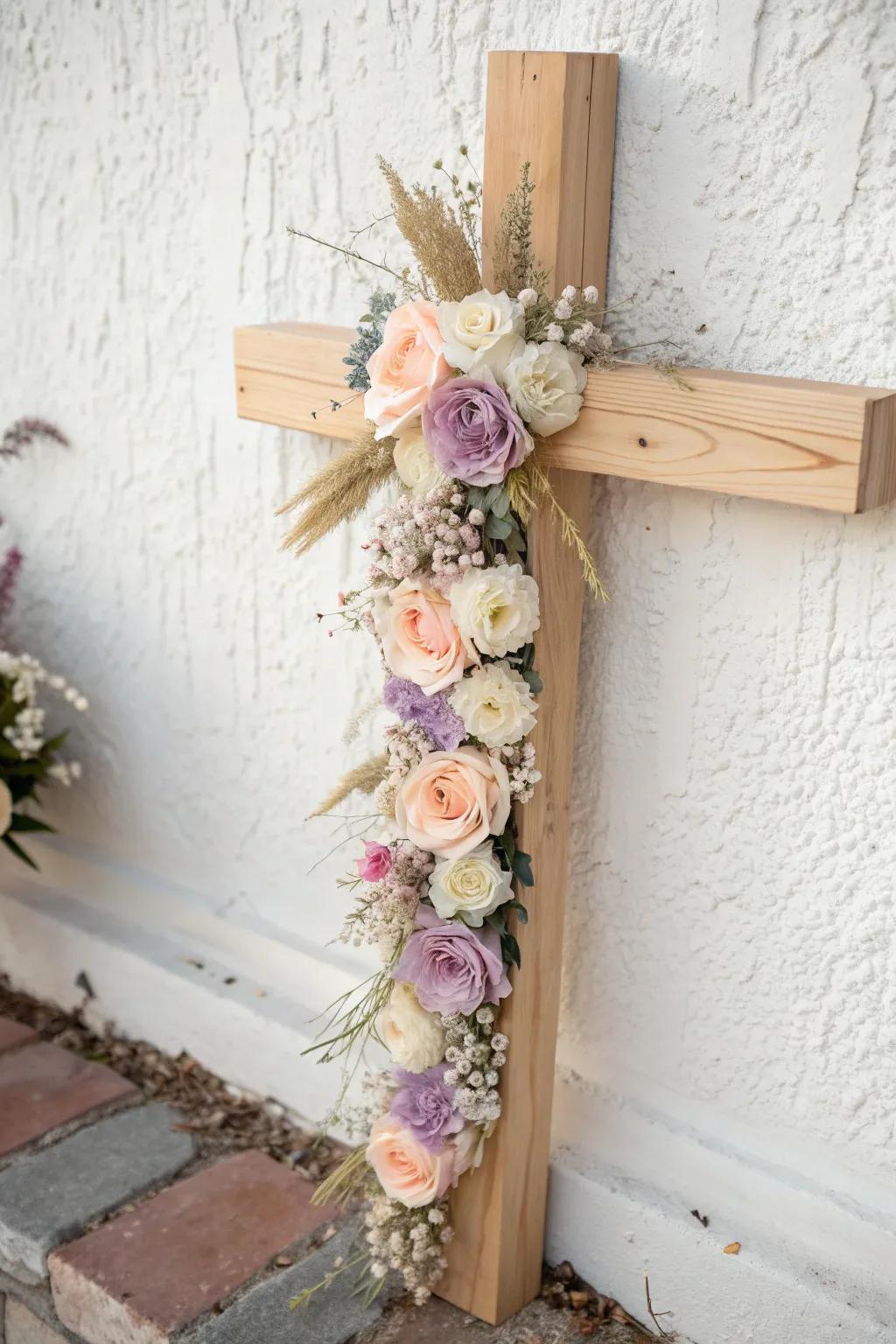 Embrace the season with a touch of floral elegance on your handcrafted cross.